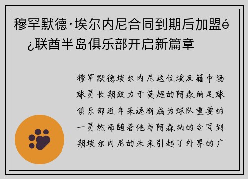 穆罕默德·埃尔内尼合同到期后加盟阿联酋半岛俱乐部开启新篇章 穆罕默德·埃尔内尼合同到期后加盟阿联酋半岛俱乐部开启新篇章